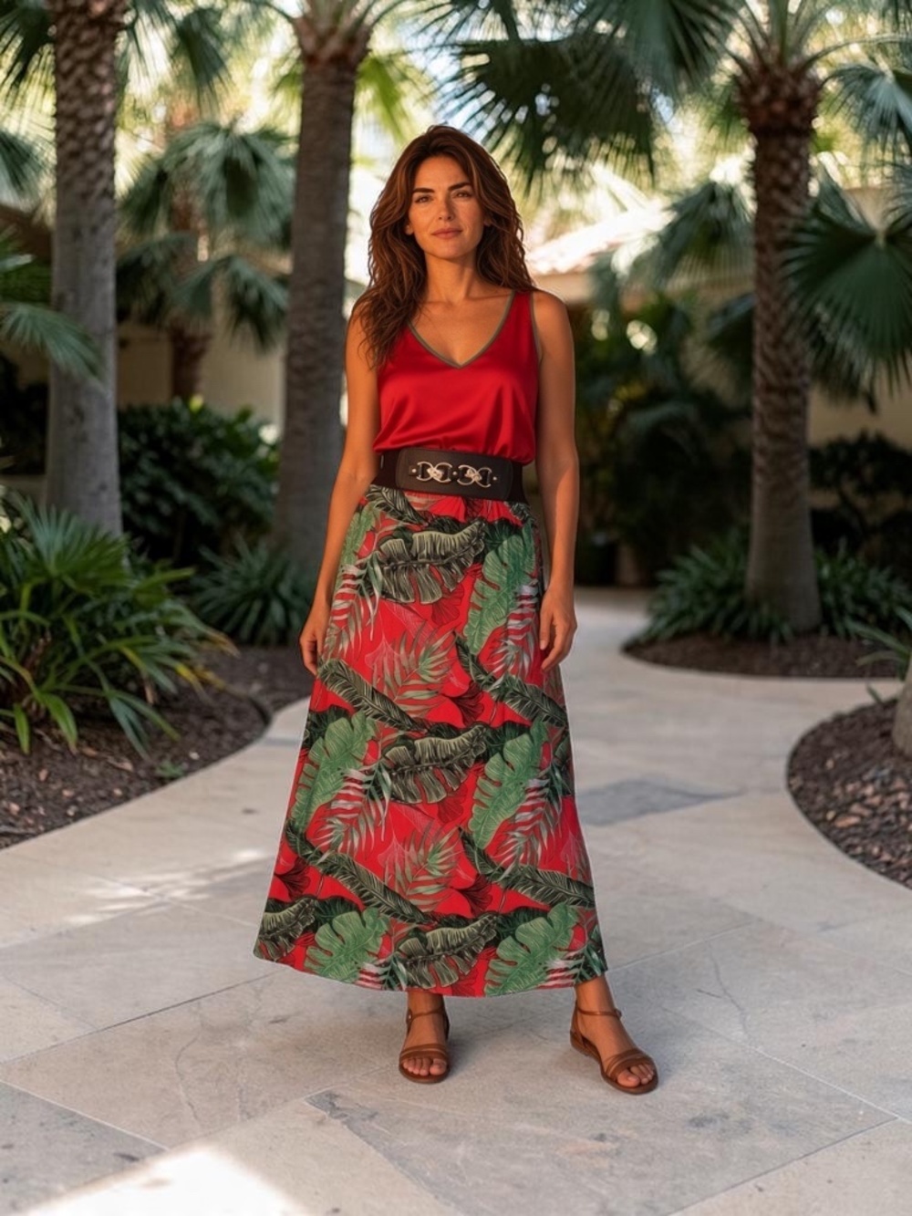 Sapphire Skirt - Size Large - Tropical Leaf Print - Elastic Brown Waist